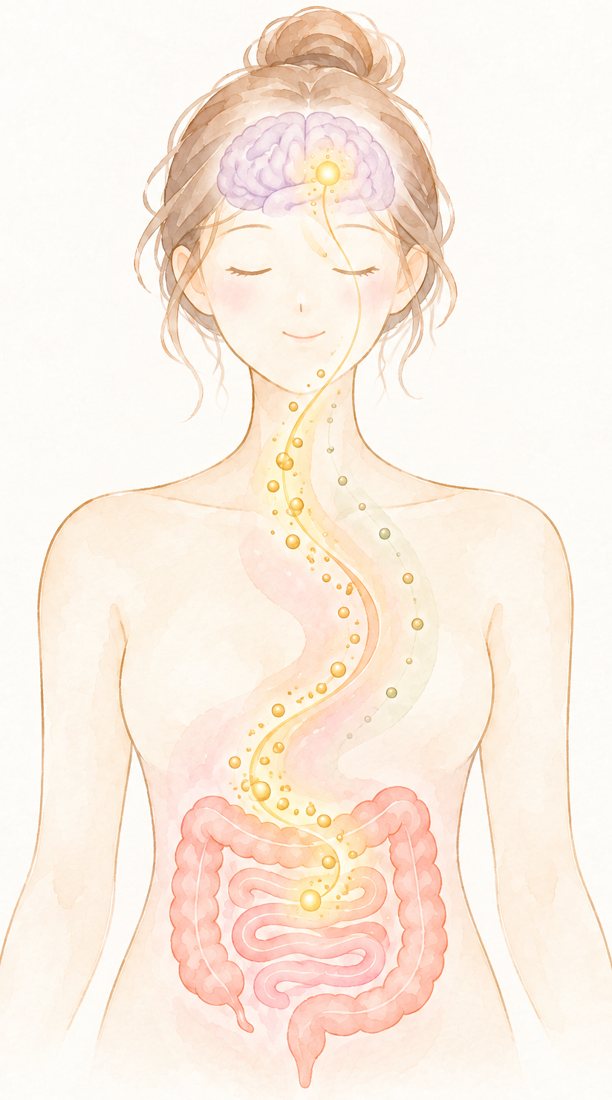 目を閉じて微笑む女性の、頭の中の脳とお腹の腸が金色のリボンでつながり、光の粒が行き来している水彩の絵