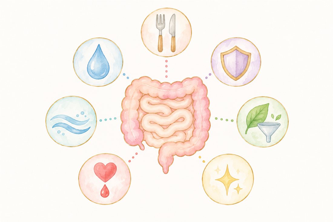 水彩の腸のまわりに、7つの働きを表す丸い絵が並んだ図