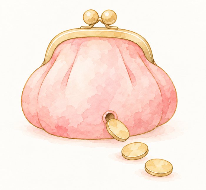 底に小さな穴が空いたピンクのがま口から、金色のコインがこぼれ落ちている水彩の絵